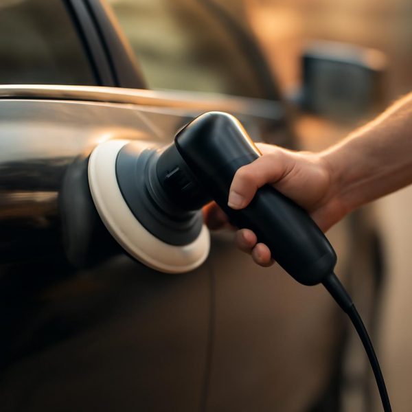 Процесс полировки кузова автомобиля с использованием машинки