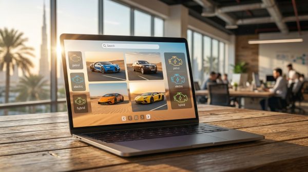 Интерфейс онлайн-каталога автомобилей в ОАЭ с фильтрами по двигателям